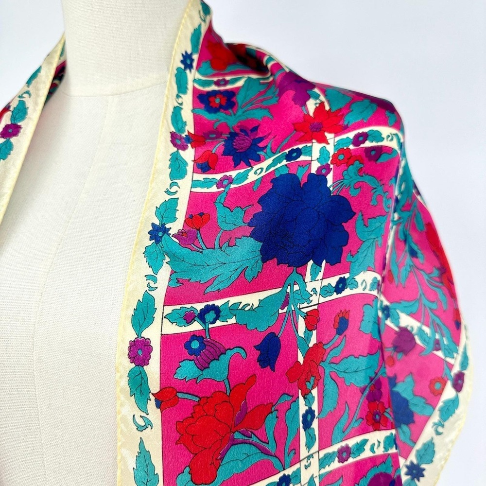 VTG 70s Silk Scarf Made in Japan Bold Floral Pink Teal Festival Boho Bandeau Top